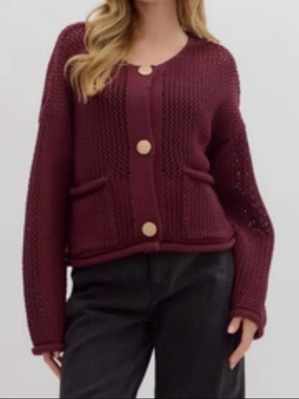 entro Maroon Crochet Open-Knit Button Cardigan
